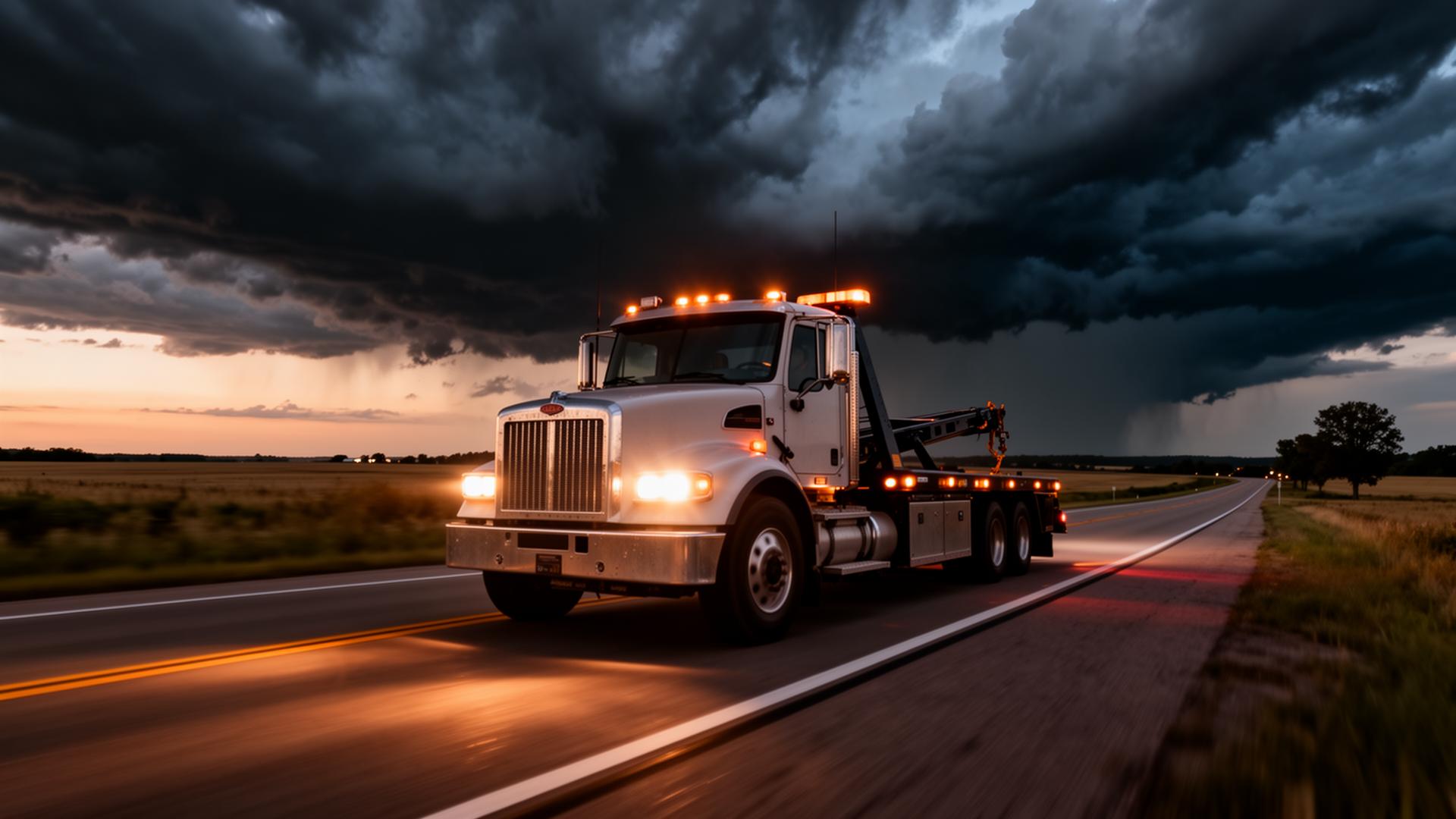A Professional Towing flatbed tow truck on an Iowa highway